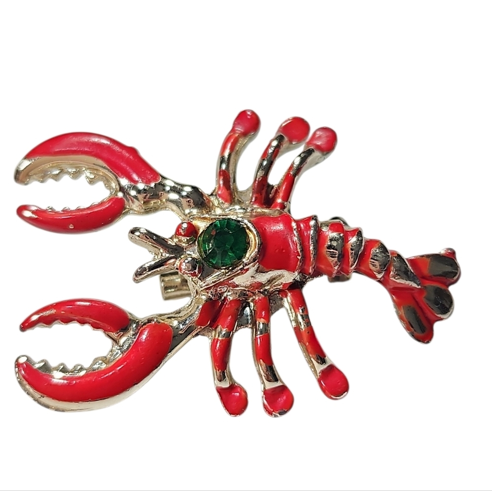 Vintage Style Red Enamel & Gold Tone Lobster Brooch Pin.